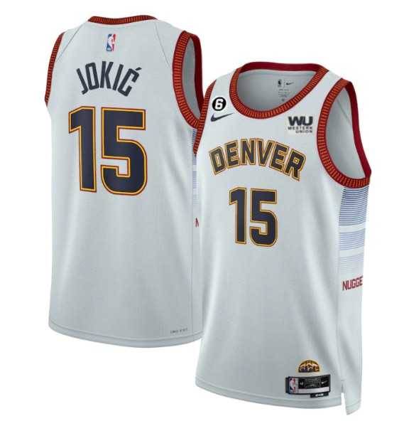 Mens Denver Nuggets #15 Nikola Jokic Gray 2022-23 City Edition With NO.6 Patch Stitched Jersey Dzhi